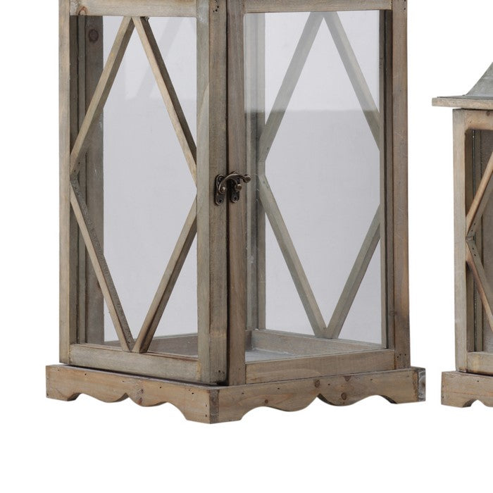 House Shaped Wooden Lantern with Glass Inserts, Set of 2,  Brown and Gray