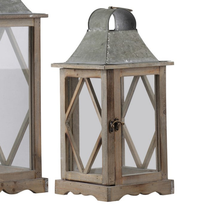 House Shaped Wooden Lantern with Glass Inserts, Set of 2,  Brown and Gray