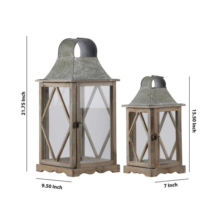 House Shaped Wooden Lantern with Glass Inserts, Set of 2,  Brown and Gray