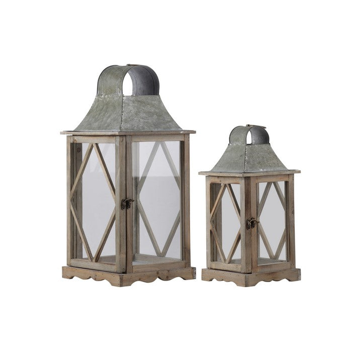 House Shaped Wooden Lantern with Glass Inserts, Set of 2,  Brown and Gray