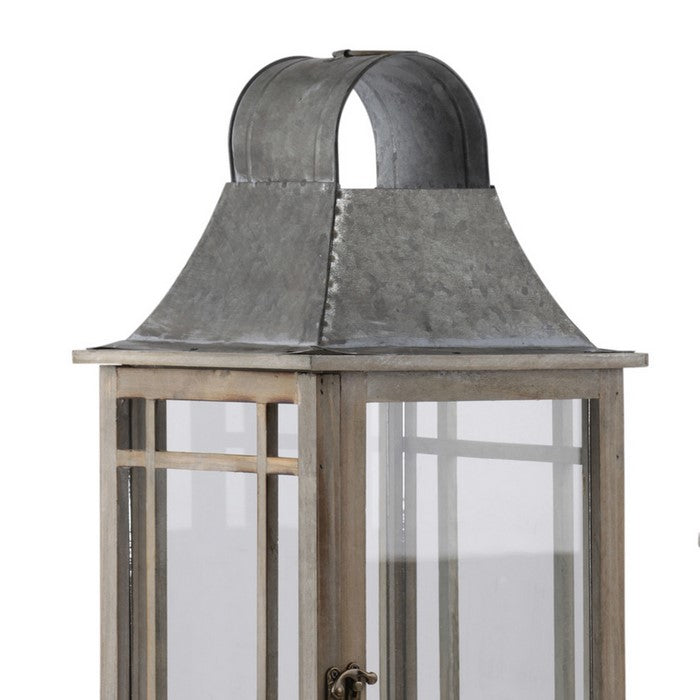 House Shaped Wooden Lantern with Glass Inset, Set of 2,  Brown and Gray