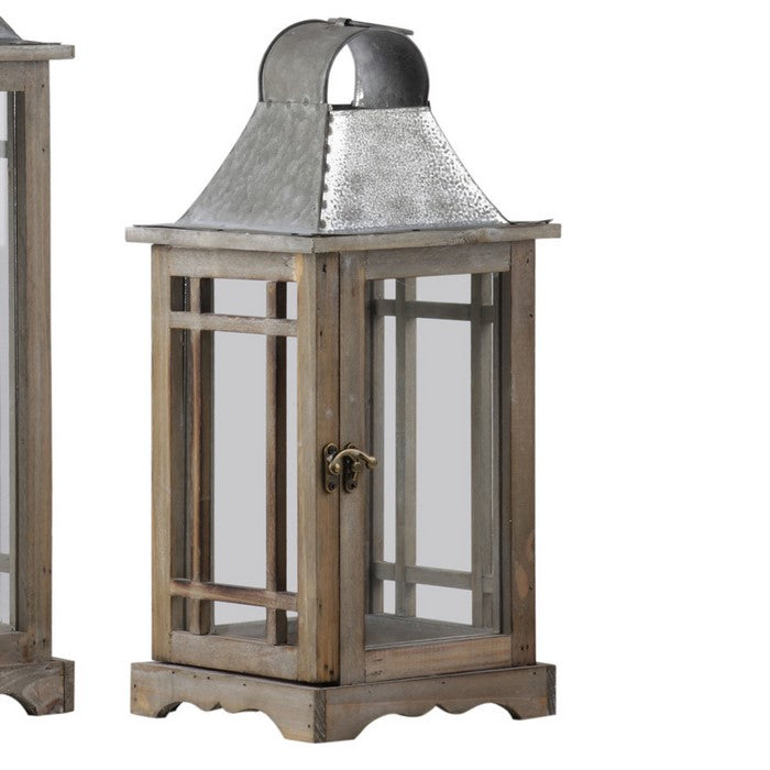 House Shaped Wooden Lantern with Glass Inset, Set of 2,  Brown and Gray
