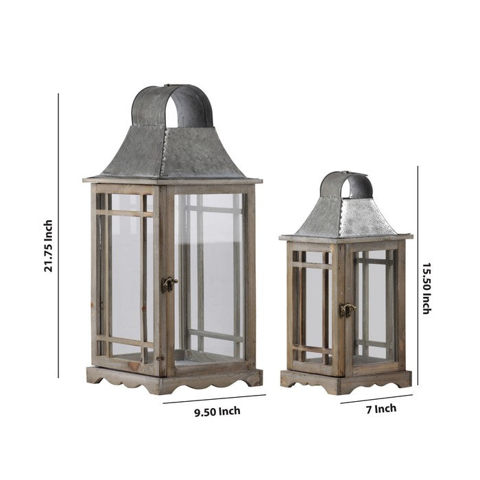 House Shaped Wooden Lantern with Glass Inset, Set of 2,  Brown and Gray