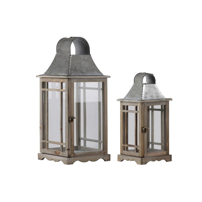 House Shaped Wooden Lantern with Glass Inset, Set of 2,  Brown and Gray