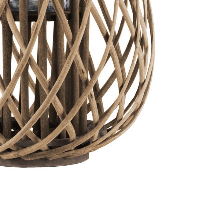 Glass Hurricane Bellied Lantern with Braided Rope, Large, Brown and Clear