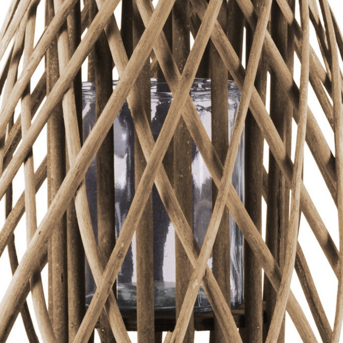 Glass Hurricane Bellied Lantern with Braided Rope, Large, Brown and Clear
