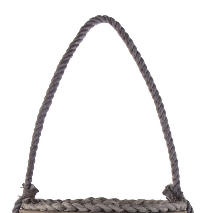 Glass Hurricane Bellied Lantern with Braided Rope, Large, Brown and Clear