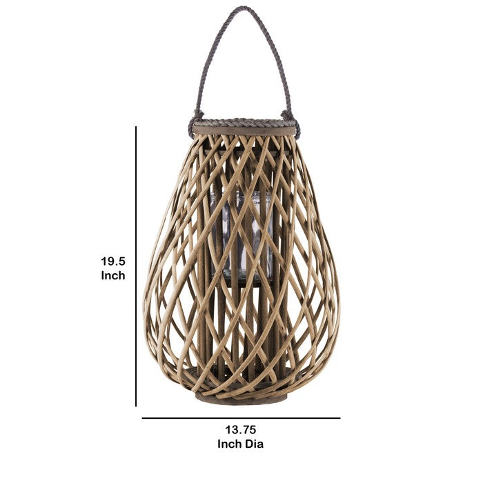 Glass Hurricane Bellied Lantern with Braided Rope, Large, Brown and Clear