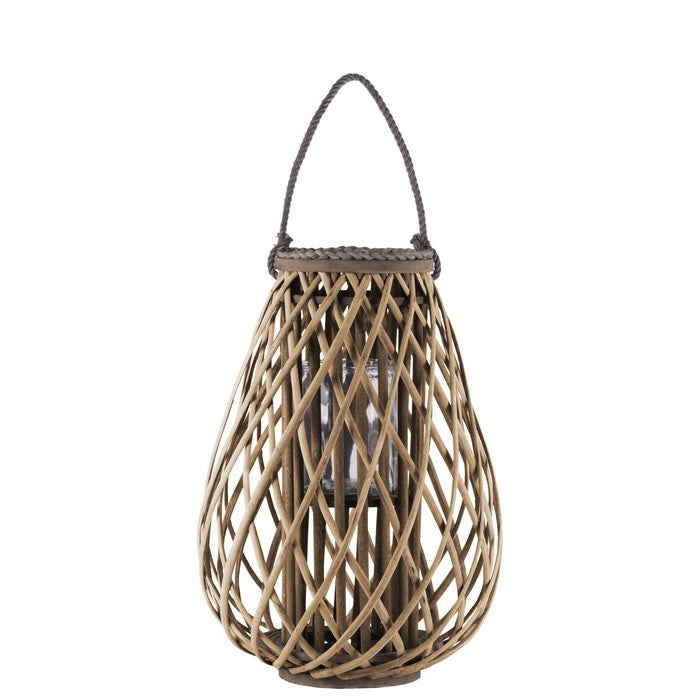 Glass Hurricane Bellied Lantern with Braided Rope, Large, Brown and Clear