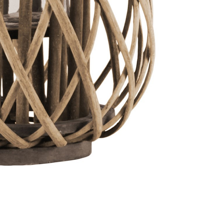 Glass Hurricane Bellied Lantern with Braided Rope, Small, Brown and Clear