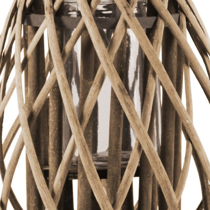 Glass Hurricane Bellied Lantern with Braided Rope, Small, Brown and Clear
