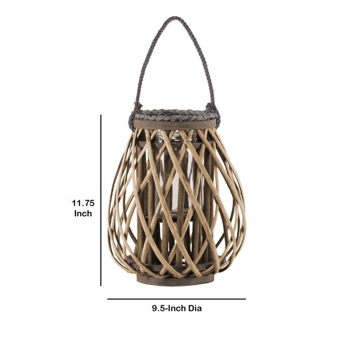 Glass Hurricane Bellied Lantern with Braided Rope, Small, Brown and Clear