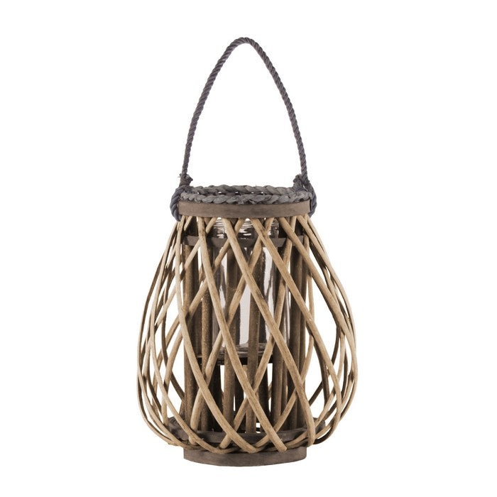 Glass Hurricane Bellied Lantern with Braided Rope, Small, Brown and Clear