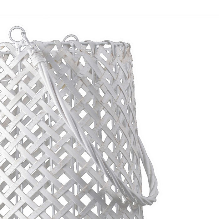 Lattice Weaved Wooden Lantern with Glass Hurricane, Large, White and Clear