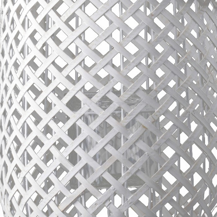 Lattice Weaved Wooden Lantern with Glass Hurricane, Large, White and Clear