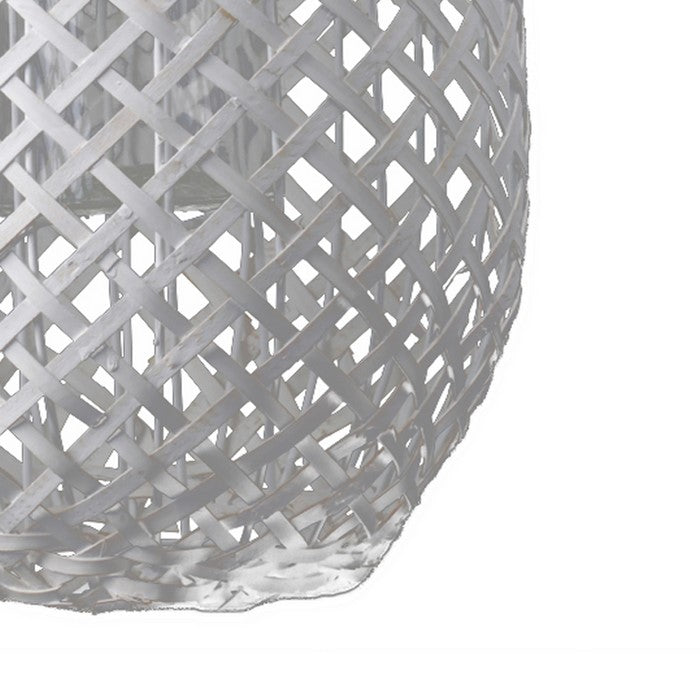 Lattice Weaved Wooden Lantern with Glass Hurricane, Large, White and Clear