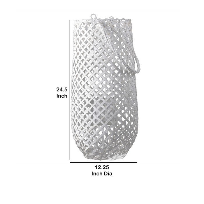 Lattice Weaved Wooden Lantern with Glass Hurricane, Large, White and Clear