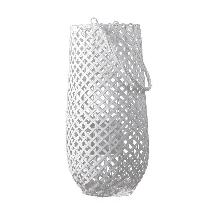 Lattice Weaved Wooden Lantern with Glass Hurricane, Large, White and Clear