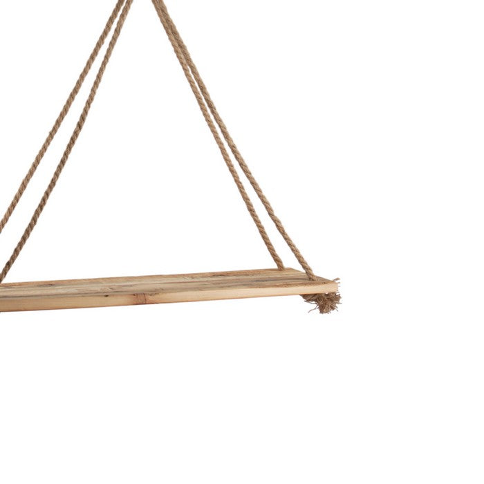 Rectangular Wooden Hanging Shelf with Curled Rope, Set of 2, Natural Brown