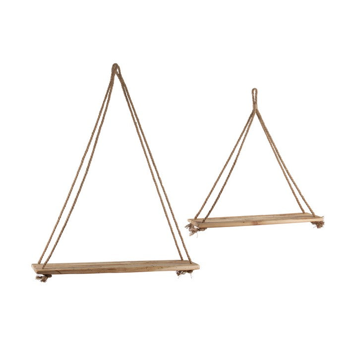 Rectangular Wooden Hanging Shelf with Curled Rope, Set of 2, Natural Brown