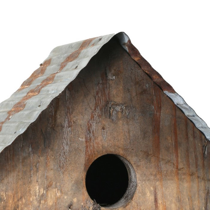 Corrugated Metal Top Wooden Bird House with Back Door, Brown and Gray