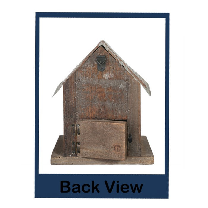 Corrugated Metal Top Wooden Bird House with Back Door, Brown and Gray