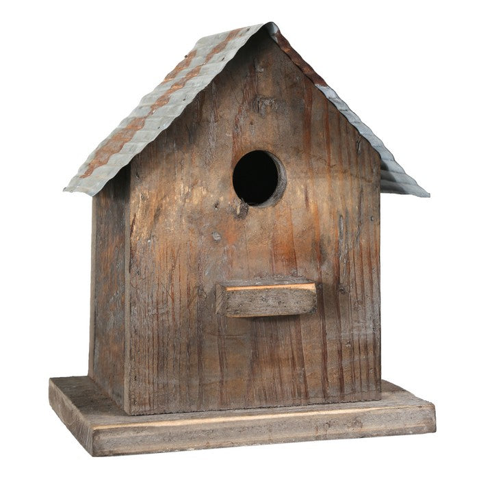 Corrugated Metal Top Wooden Bird House with Back Door, Brown and Gray