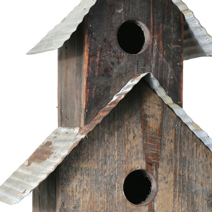 Corrugated Metal Top Double Deck Wooden Bird House, Brown and Gray
