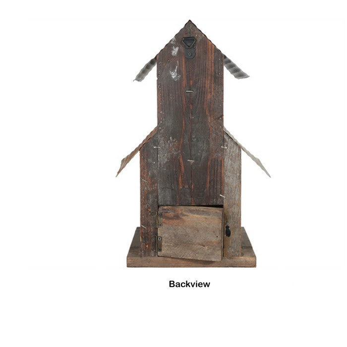 Corrugated Metal Top Double Deck Wooden Bird House, Brown and Gray