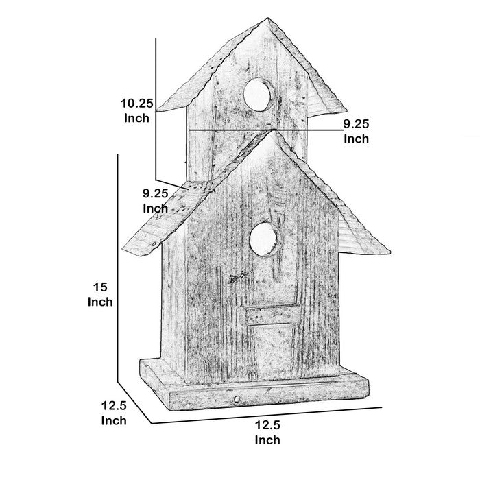 Corrugated Metal Top Double Deck Wooden Bird House, Brown and Gray