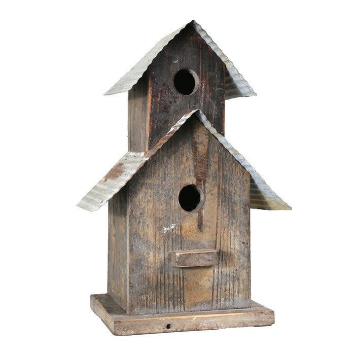 Corrugated Metal Top Double Deck Wooden Bird House, Brown and Gray