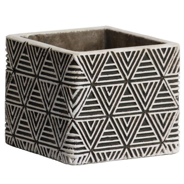 Square Cement Pot with Embossed Triangle Design, Set of 2, Black and White