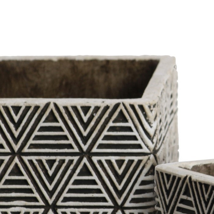 Square Cement Pot with Embossed Triangle Design, Set of 2, Black and White