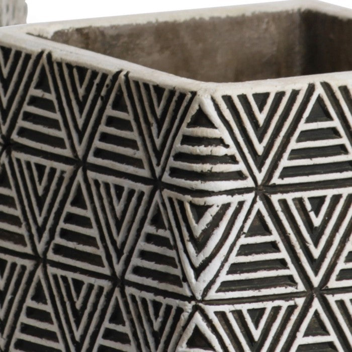 Square Cement Pot with Embossed Triangle Design, Set of 2, Black and White