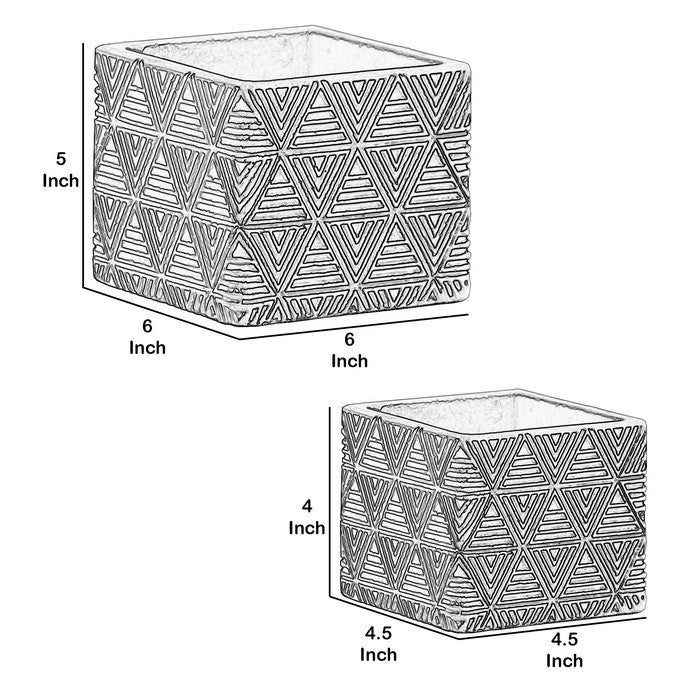 Square Cement Pot with Embossed Triangle Design, Set of 2, Black and White