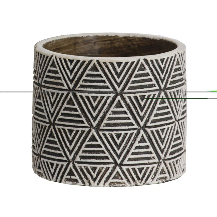 Round Cement Pot with Embossed Triangle Design, Set of 2, Black and White