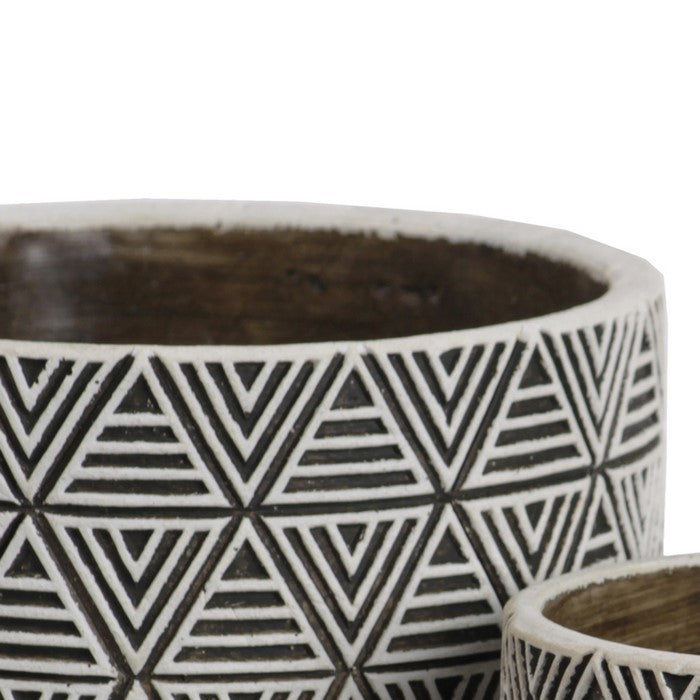 Round Cement Pot with Embossed Triangle Design, Set of 2, Black and White