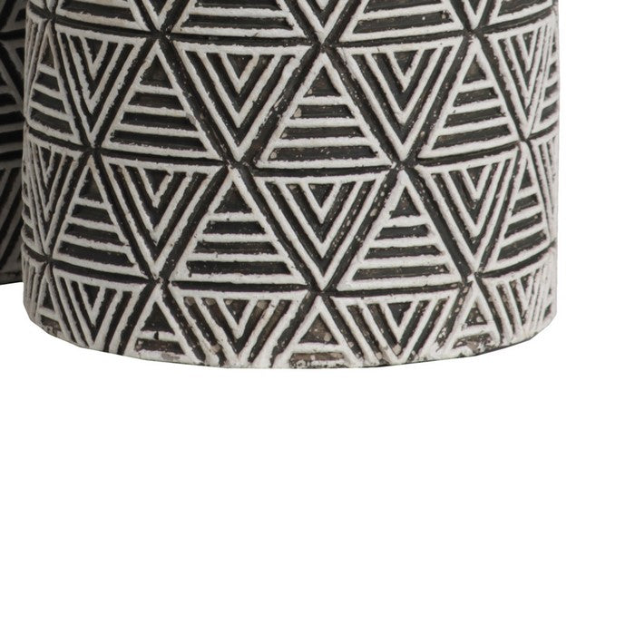 Round Cement Pot with Embossed Triangle Design, Set of 2, Black and White