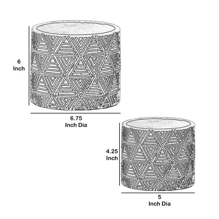 Round Cement Pot with Embossed Triangle Design, Set of 2, Black and White