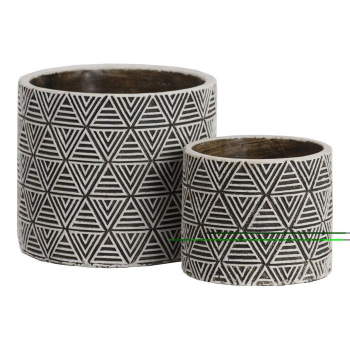 Round Cement Pot with Embossed Triangle Design, Set of 2, Black and White