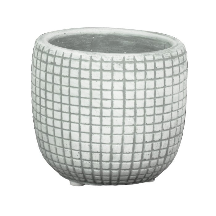 Round Cement Pot with Textured Square Lattice Engraving, Set of 3, Gray