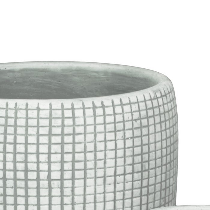 Round Cement Pot with Textured Square Lattice Engraving, Set of 3, Gray