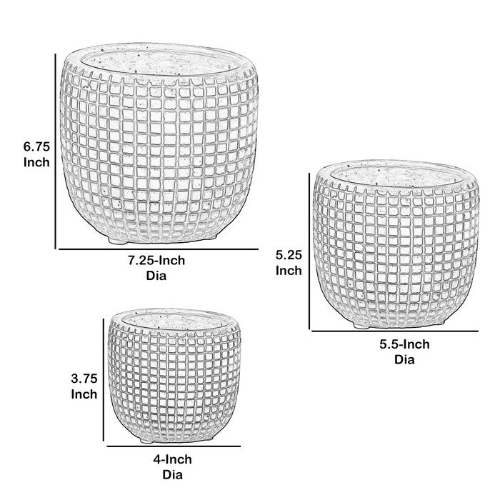 Round Cement Pot with Textured Square Lattice Engraving, Set of 3, Gray
