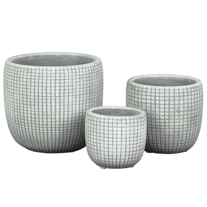 Round Cement Pot with Textured Square Lattice Engraving, Set of 3, Gray