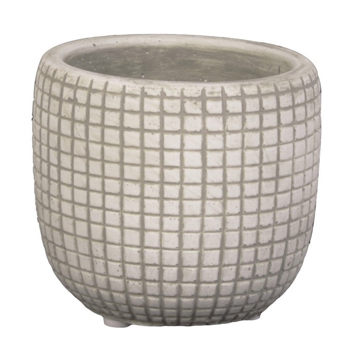 Round Cement Pot with Textured Square Lattice Engraving, Set of 3, Cream