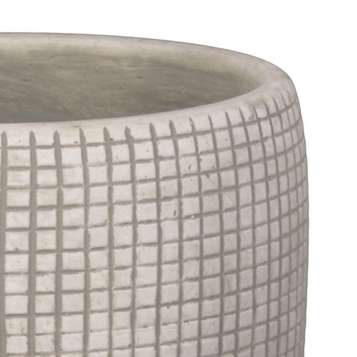 Round Cement Pot with Textured Square Lattice Engraving, Set of 3, Cream