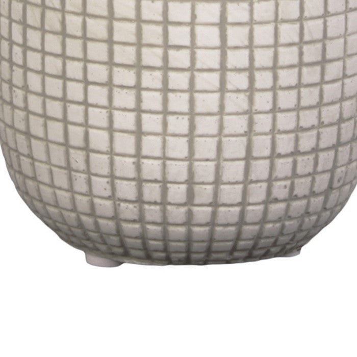 Round Cement Pot with Textured Square Lattice Engraving, Set of 3, Cream