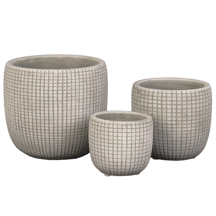 Round Cement Pot with Textured Square Lattice Engraving, Set of 3, Cream