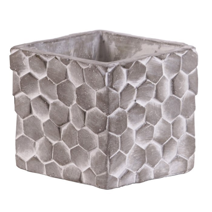 Square Cement Pot with Embossed Hexagonal Design, Set of 2, Washed Gray