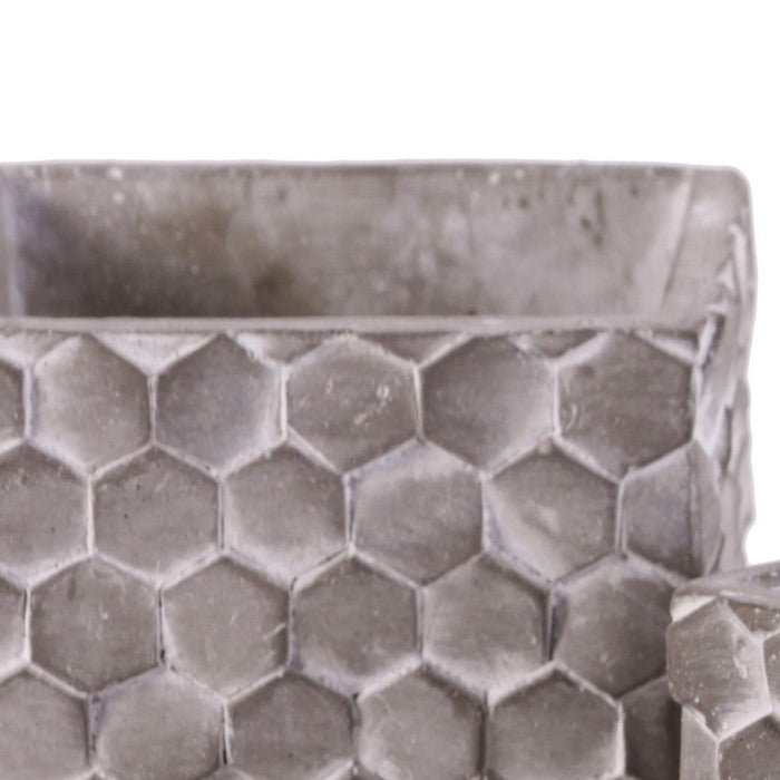 Square Cement Pot with Embossed Hexagonal Design, Set of 2, Washed Gray